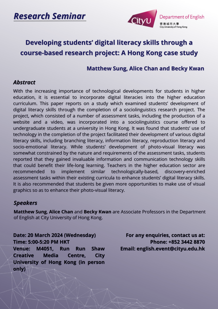  Research Seminar by Matthew Sung, Alice Chan and Becky Kwan